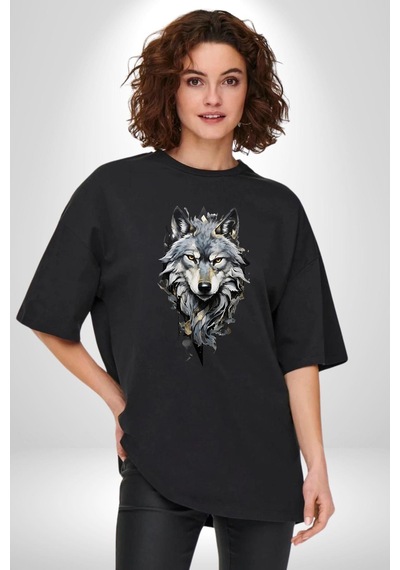 Beyaz Kurt Pamuklu Bisiklet Yaka Unisex Oversize Boyfriend Dijital Baskılı Siyah T-shirt Siyah