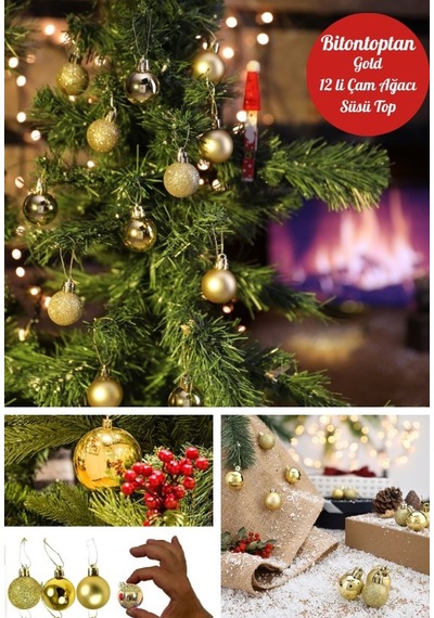 12 Adet Gold 2,5 Cm Mini Yılbaşı Topu, Noel Çam Ağacı Topu, Süs Topu