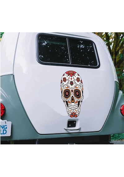 Çiçek Desenli Kurukafa Sticker - Araba Oto Araç Motosiklet Karavan Sticker - 00077 10X6 Cm