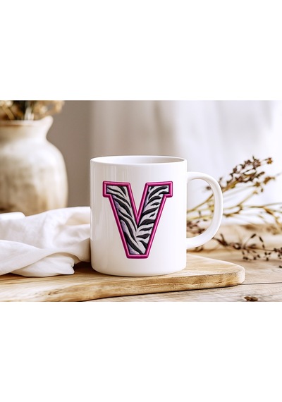 V Harfi Zebra Deseni Ve Pembe Kenarlı Kupa Bardak - Kişiye Özel Nakış Efektli - Siyah Beyaz Pembe Beyaz