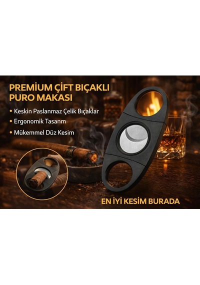 Premium Çift Bıçaklı Puro Makası Paslanmaz Çelik Kesici Puro Kesme Aparatı Kılıflı Siyah