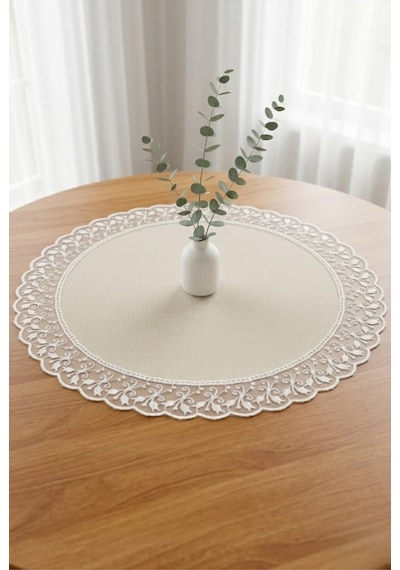 Leke Tutmaz Su İtici Kaliteli Kumaş Yuvarlak Runner Ekru Güpürlü 60x60 Cm