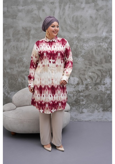 Polologin Butik Desenli Bordo Beyaz Uzun Tunik Bordo