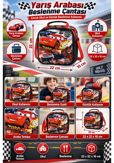 Cars Şimşek Mcqueen Arabalar Beslenme Çantası Çocuk Okul Yemek Çantası Günlük 22x22x10 Cm Çok Renkli