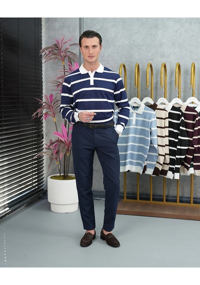 Modefendi Pamuk Likra Slim Fit Örgü Yatay Desen Yaka Şerit Detaylı Polo Yaka Kazak Lacivert Modefendi Pamuk Likra Slim Fit Örgü Yatay Desen Yaka Şerit Detaylı Polo Yaka Kazak Lacivert