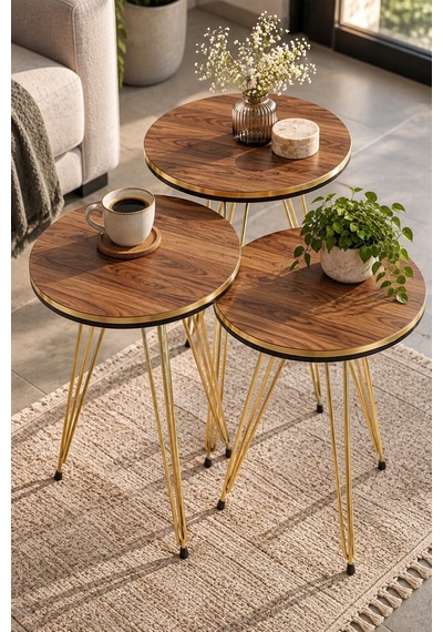 Sulorahome Ceviz Desenli Gold Metal Ayaklı 3'lü Zigon Sehpa Takımı Ceviz - Altın