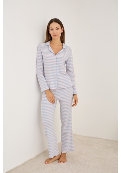Siyah İnci Fırçalı Soft Fitilli Kaşkorse Hırka Pijama Takım Mavi Pembe
