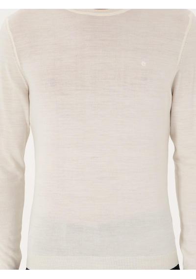 Cacharel Beyaz Slim Fit Yün Karışımlı Bisiklet Yaka Basic Triko Kazak