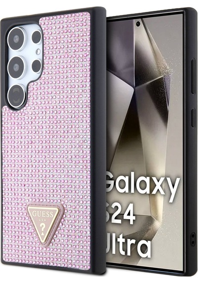Galaxy S24 Ultra Uyumlu Kılıf Guess Lisanslı Taşlı Arka Yüzey Üçgen Logolu Kapak Pembe