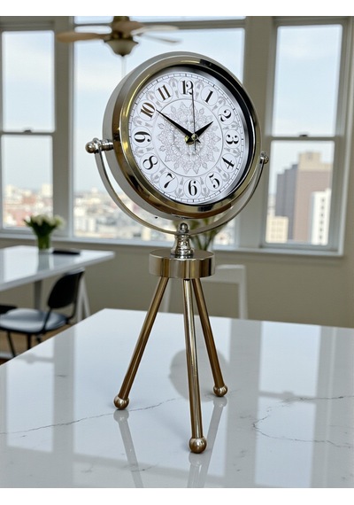 Krom Motif Tasarım Üç Ayaklı Metal Masa Saati
