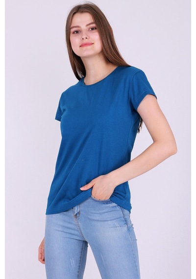 Bisiklet Yaka %100 Pamuk Basic Baskısız Kadın Örme Kısa Kollu Tshirt 001 İndigo Mavi Renk