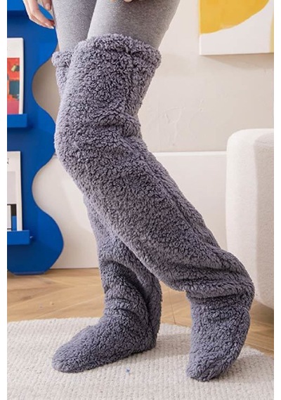 Sh Mağazacılık Gri Sock Peluş Uyku Çorabı Welsoft Diz Üstü Oda Çorabı Ayak Isıtıcı Uzun Gonç Çorap gri