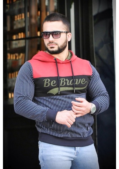 Madmext Kapşonlu Çizgili Sweatshirt Lacivert 2815
