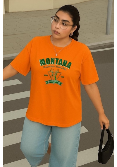 Büyük Beden Montana Baskılı Unisex Tişört Turuncu