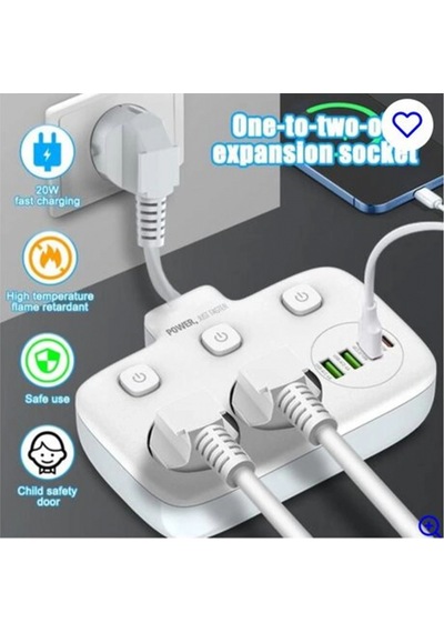 Akım Korumalı 2 Li Ayrı Anahtarlı Priz, 2x Priz, 3x Usb, 1x Type-c, 2 Mt Kablo, Hızlı Şarj Standart