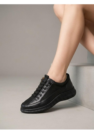 Beren Kadın Hakiki Deri Siyah Casual Ayakkabı Ortopedik Taban Süet Kombin Sneaker