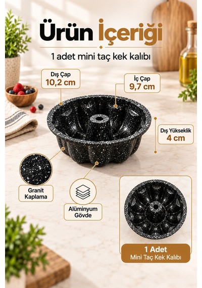 Mini Taç Kek Kalıbı 10 Cm, Granit Kaplamalı Porsiyonluk Tekli Kek Kalıbı Siyah