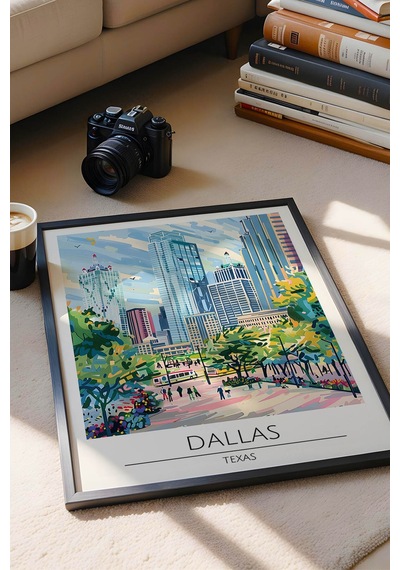 Texas Dallas Temalı Çerçeveli Tablo Travel Serisi Modern İllüstrasyon Şehir Duvar Dekoru Siyah