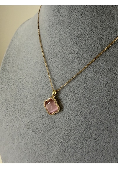 Pembe Taşlı Yonca Kolye - Özel Günler İçin Şık Gold Tasarım Açık Pembe