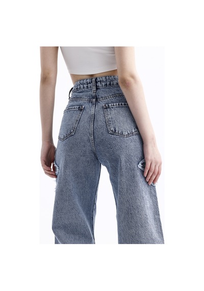 2424 Kadın Yıldız Detaylı Baggy Jeans Kot Denim Pantolon Kar Yıkama