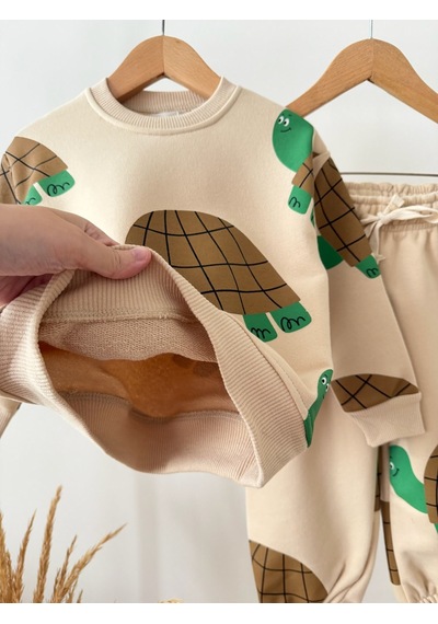 Magu Çocuk Oversize Kaplumbağa Desenli Bej Sweatshirt Ve Eşofman Altı Takımı Çok Renkli