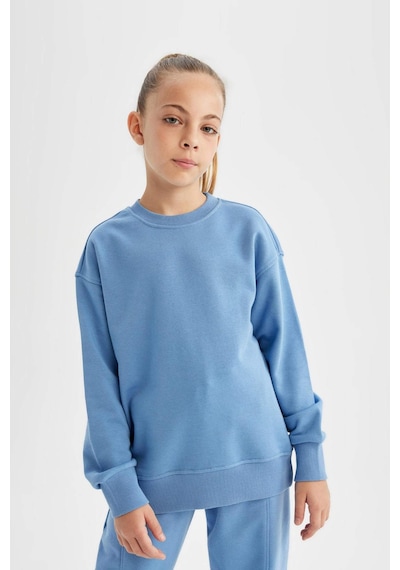 Defacto Kız Çocuk Relax Fit Bisiklet Yaka Pamuklu Basic Düz Okul Sweatshirt A2797A824AUBE756 Mavi