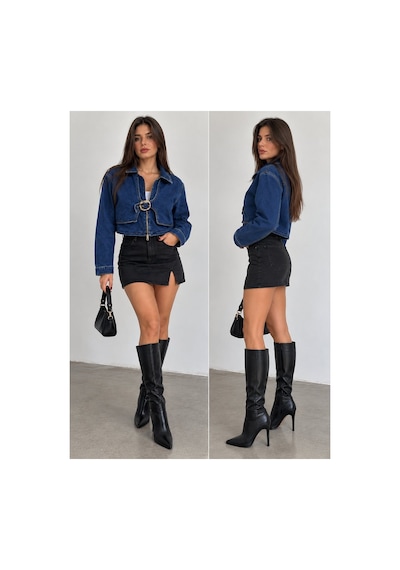 Zdnjeans Kadın Tokalı Crop Denim Kot Ceket Mavi
