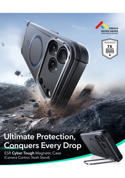 Esr Apple Uyumlu iPhone 17 Pro Cyber Tough Magsafe Stantlı Kılıf - Siyah Siyah