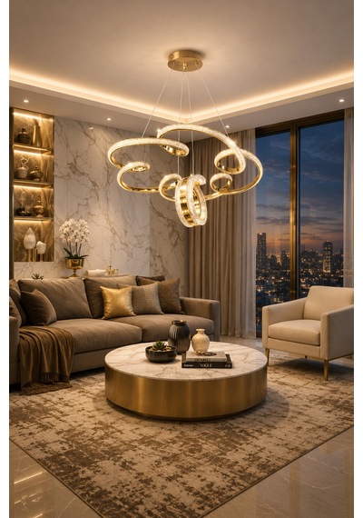 Platin Lüks Cristalya Serisi Orjinal Gold Kaplamalı 3 Renk Ledli Sarkıt Ledli Avize Modern Led Avize-çap 50 Cm Gold Gold