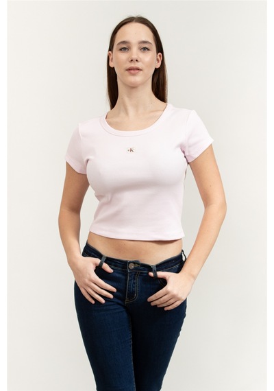 A- Woven Label 2x2 Rib Baby Tee Kadın Bisiklet Yaka T-shirt Pembe