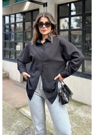 WeShaya Kadın Siyah Basic Model, Gofre Kumaş, Salaş Gömlek Siyah