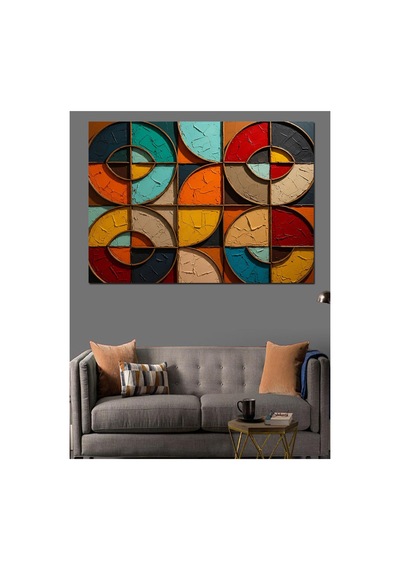 Renkli Geometrik Daireler Ve Desenler Yağlı Boya Dokulu Kanvas Tablo Canvas Tablosu