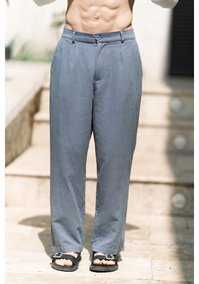 Mai Collection Mai Studios Co. Fyfaha Bol Paça İndigo Erkek Keten Pantolon İndigo