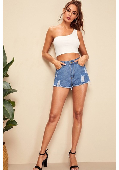 Moda Dua Kadın Beyaz Tek Omuz Crop Büstiyer