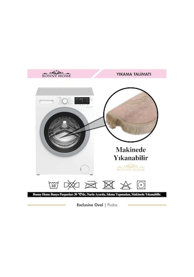 Exclusive Oval Pudra 2'li Dantelli Ve Saçaklı Banyo Paspası Püskü Pudra