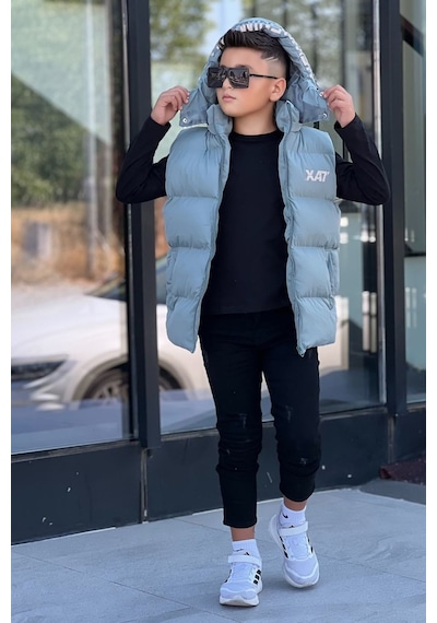 Pina Kids Erkek Çocuk Baskılı Çıkarılabilir Kapüşonlu Şişme Yelek 3017 Mint Yeşili