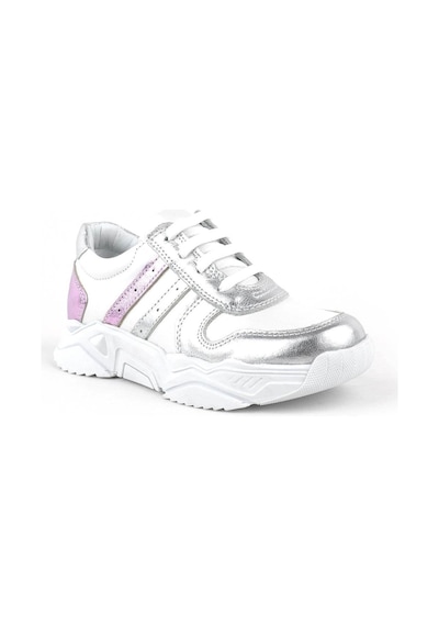 Hakiki Deri Gümüş Pembe Kalın Tabanlı Kız Çocuk Sneakers Ayakkabı Gümüş