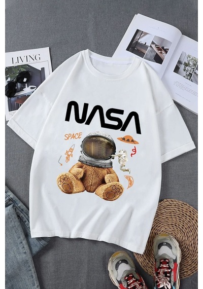 Nasa Baskılı Tasarım T-shirt Beyaz