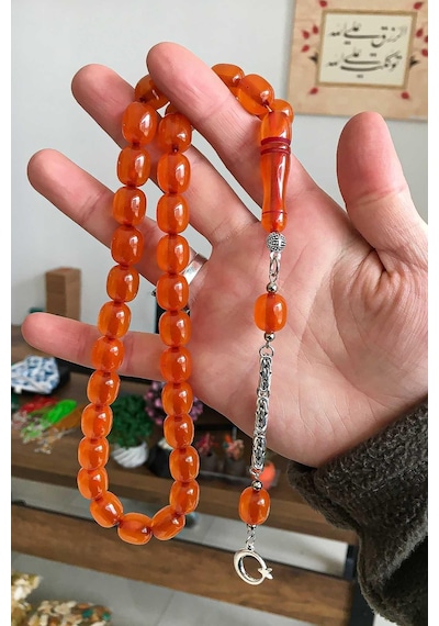 Tesbih Kenti İri Taneli Portakal Rengi Toz Kehribar Tesbih