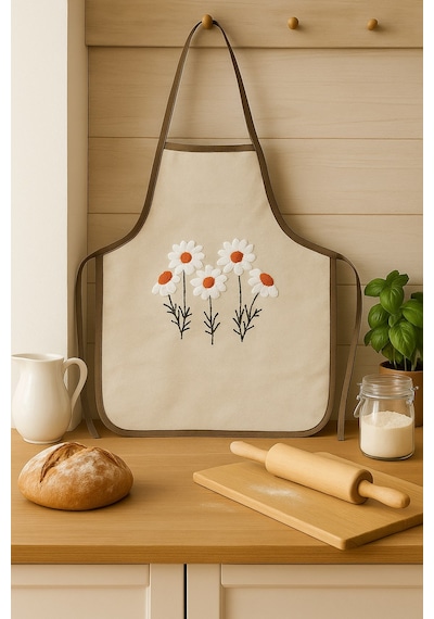 Papatya Desenli Nakışlı Keten Mutfak Önlüğü Yıkanabilir 1 Adet 50x70 Cm Standart Beden Bej