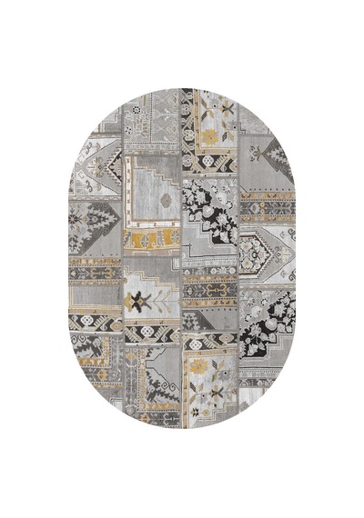 Patchwork Desenli Yıkanabilir Pamuk Taban Dijital Baskılı Oval Halı Gri