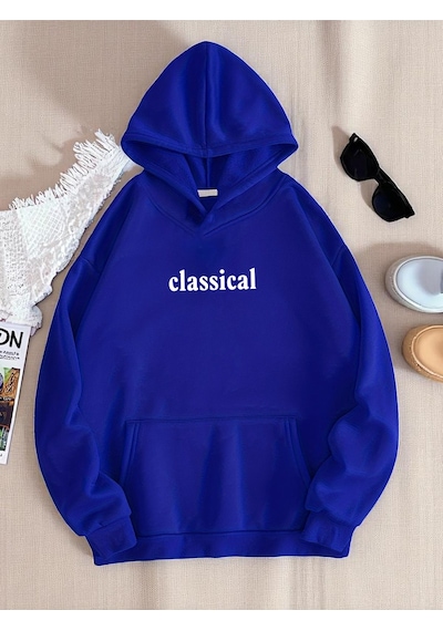 Uyguntarz Unisex Classical Baskılı Oversize Sweatshirt Mavi