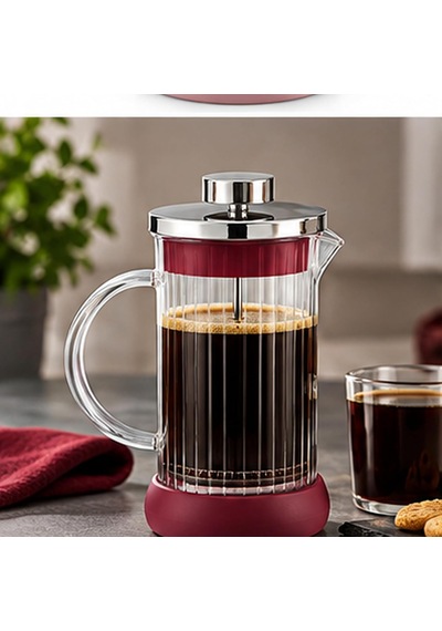 Cam French Press Kahve Ve Çay Demleme Presi, Metal Filtreli Pistonlu Demlik, Şeffaf Kulplu Tasarım 350 Ml, Bordo Diğer