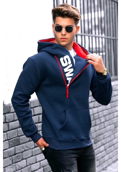 Madmext Lacivert Fermuar Detaylı Kapüşonlu Sweatshirt 1767 Lacivert