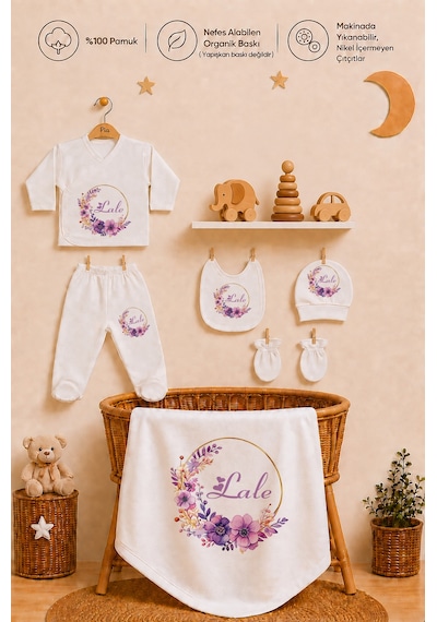 Pia Baby Kız Bebek Hastane Çıkışı Seti 10 Parça %100 Pamuk Kişiye Özel İsim Baskılı 1076103x Ekru