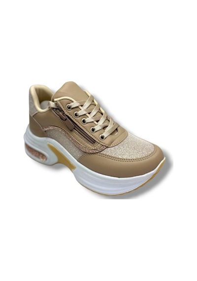 Modalendo 1511-26 Cilt Deri Simli Şeritli Anatomik Bağcıklı Kadın Sneaker Bej Beyaz