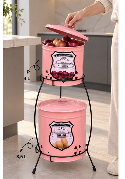 2 Katlı Pembe Metal Patates Soğanlık Kovası Çeyizlik Sebzelik Saklama Kabı - Pembe