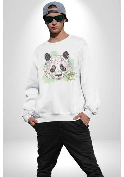 Panda Mandala Unisex Beyaz Baskılı Sweatshirt Beyaz