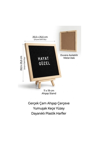 Ahşap Harfli Yazı Panosu 25,5x25,5 Cm Premium Gerçek Çam Çerçeve 340 Parça Harf Seti Standlı Duvara Asılabilir Keçe İçli