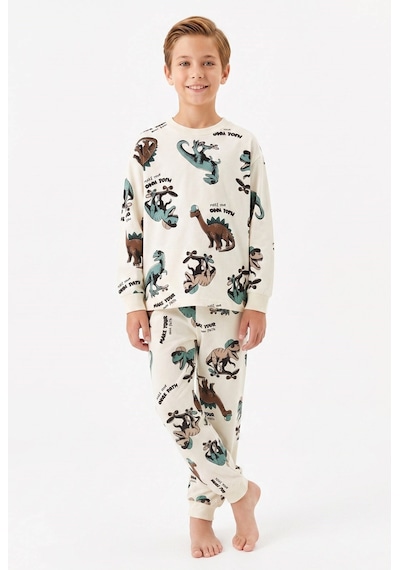 Bunny Hopp Erkek Çocuk Uzun Kollu Pijama Takımı %100 Pamuk Ekru Dinamik Dinozor Desenli Penye Bunny Hopp Erkek Çocuk Uzun Kollu Pijama Takımı %100 Pamuk Ekru Dinamik Dinozor Desenli Penye